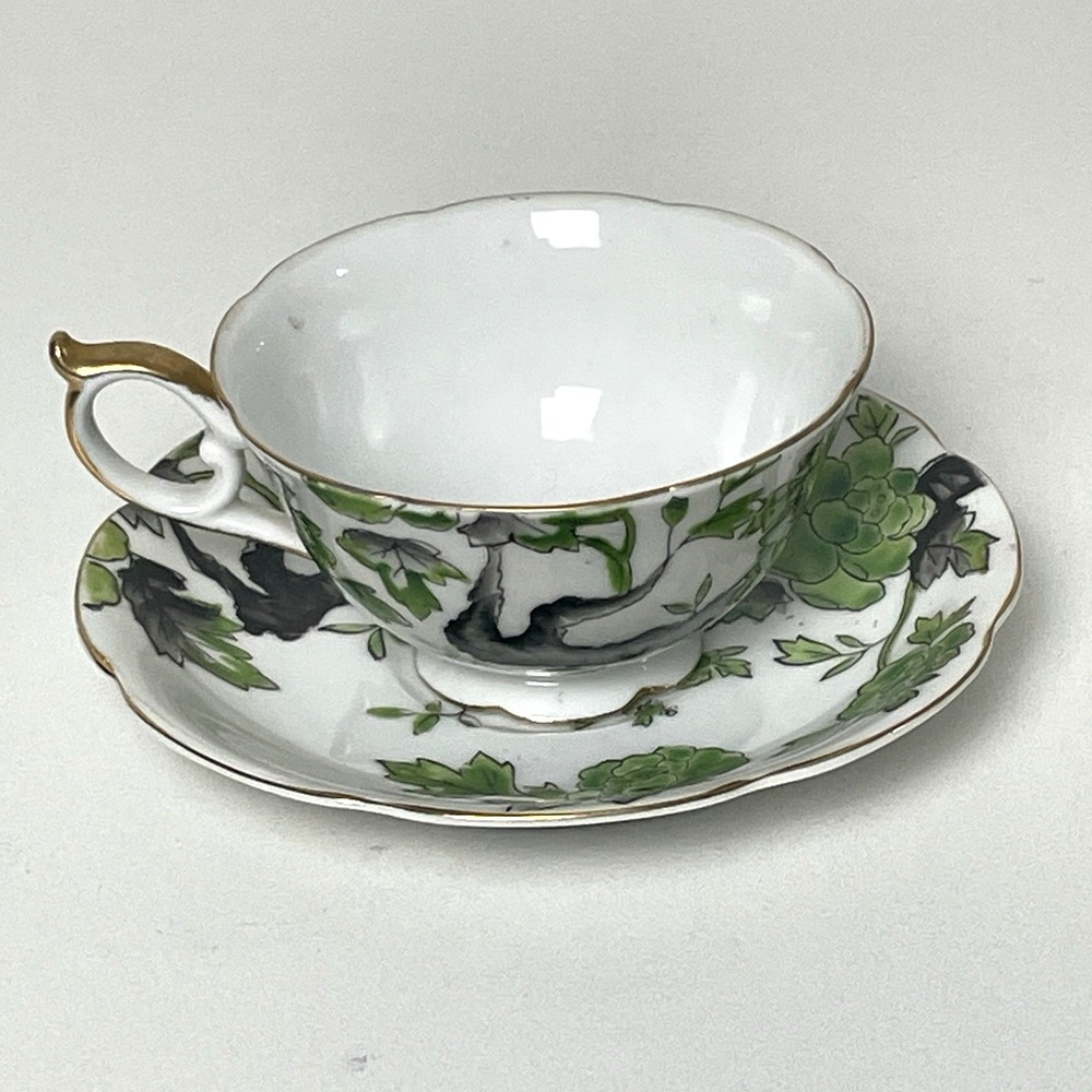 Vintage Norcrest Fine China Teacup & Saucer Black Green Botanical Gold Trim